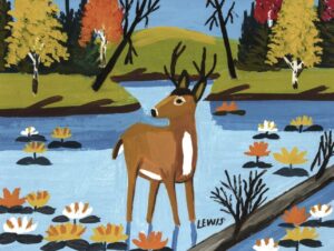 image of a painting of a deer on the edge of a pond.