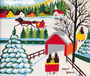 image of a painting of a winter scene with horse-drawn sleighs.
